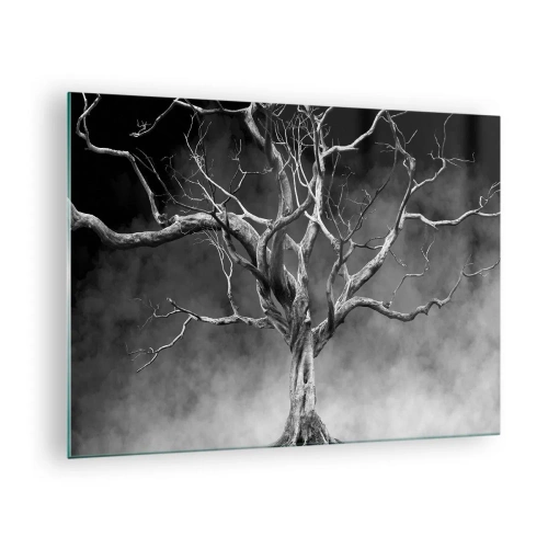 Impression sur verre - Image sur verre - Arbre noir contre le brouillard - 70x50cm - Primordial et sacré - Décoration murale moderne pour le salon et la chambre ARTTOR