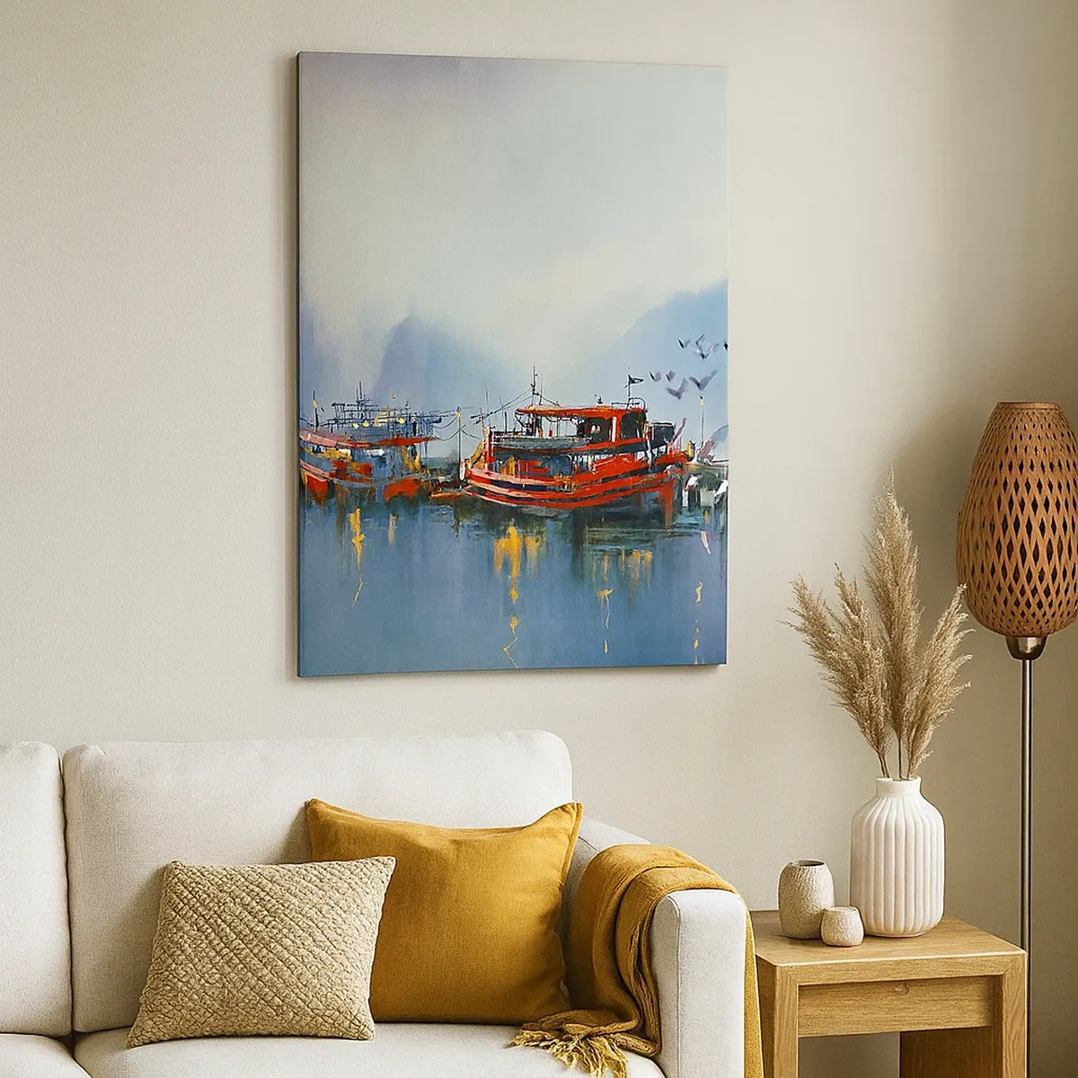 Impression sur toile - Image sur toile - Un port avec des bateaux rouges entouré d'un paysage brumeux - 50x70cm - Na końcu świata - Décoration murale moderne pour le salon et la chambre ARTTOR