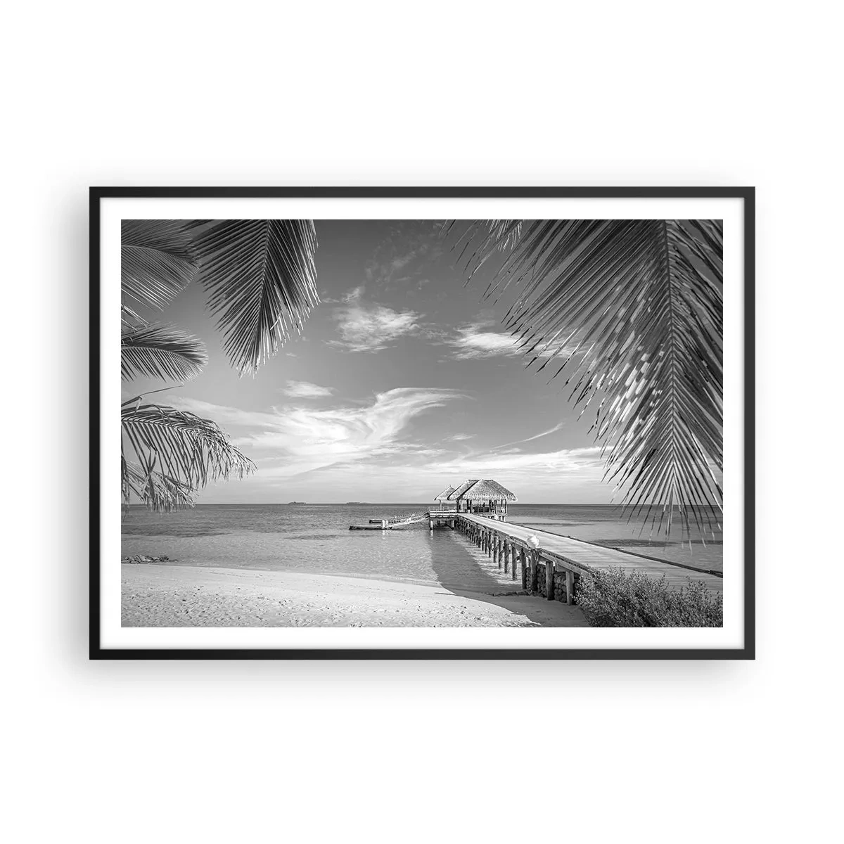 Affiche dans un cadre noir - Poster - Plage noire et blanche avec jetée et palmiers sur une côte tropicale - 100x70cm - Souvenirs ou rêve? - Décoration murale moderne pour le salon et la chambre ARTTOR