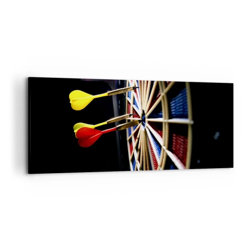 Impression sur toile - Image sur toile - Un jeu de fléchettes avec des fléchettes frappées sur un fond noir - 120x50cm - Droit au but - Décoration murale moderne pour le salon et la chambre ARTTOR