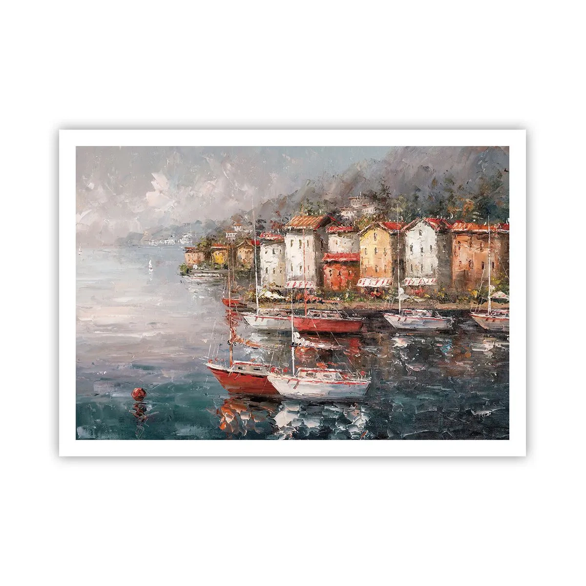 Affiche - Poster - Paysage de bord de mer avec des bateaux et des maisons colorées - 100x70cm - Havre romantique - Décoration murale moderne pour le salon et la chambre ARTTOR