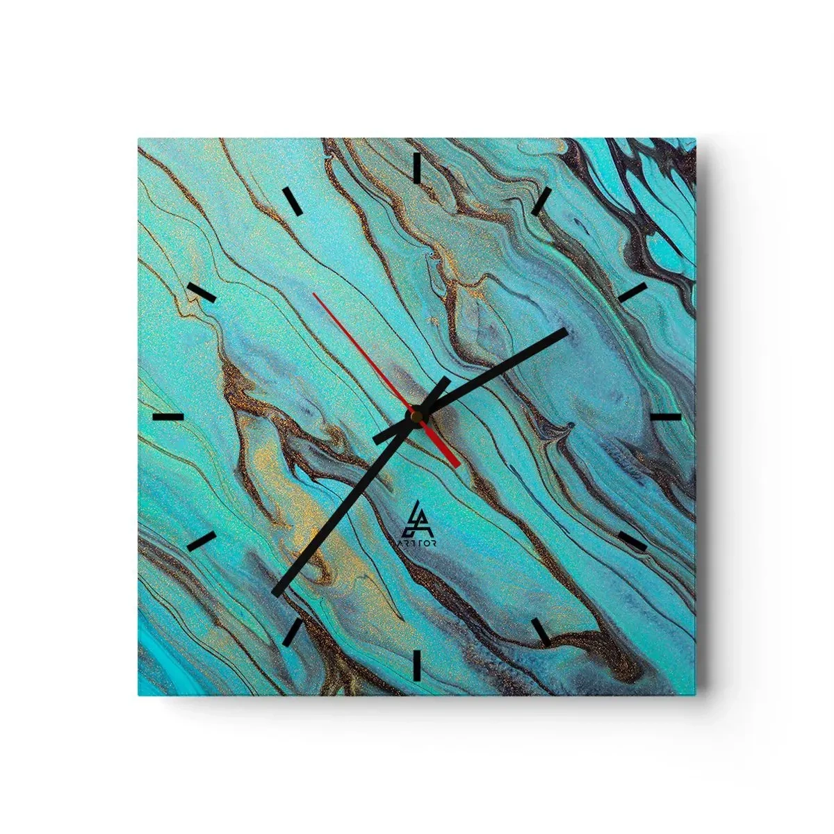 Horloge murale - Pendule murale - Vagues abstraites dans des tons turquoise et or - 30x30cm - Marée turquoise - Décoration murale moderne pour le salon et la chambre ARTTOR