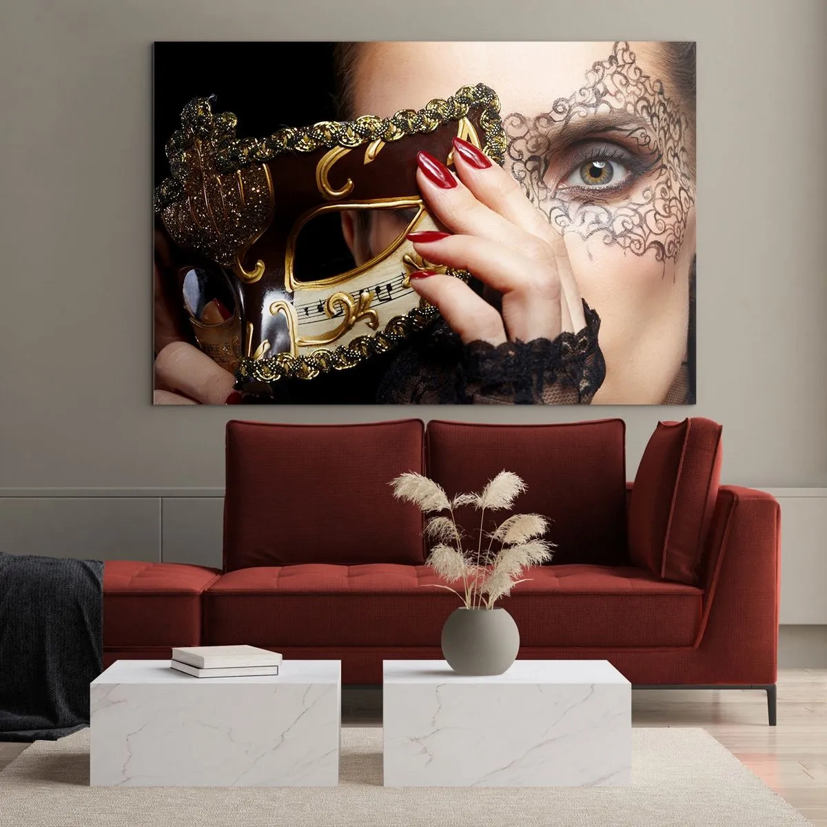 Impression sur verre - Image sur verre - Un masque vénitien doré sur le visage d'une femme - 120x80cm - Mon monde est baroque - Décoration murale moderne pour le salon et la chambre ARTTOR