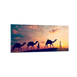 Impression sur verre - Image sur verre - Une caravane de chameaux errant dans le désert au coucher du soleil - 120x50cm - L'esprit mystérieux de l'Orient - Décoration murale moderne pour le salon et la chambre ARTTOR
