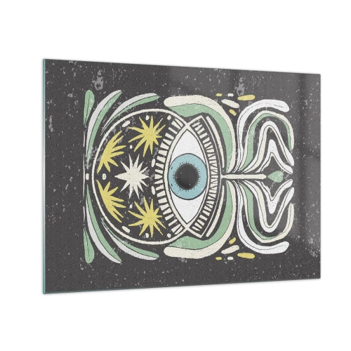 Impression sur verre - Image sur verre - Œil graphique avec ornementation tribale sur fond sombre - 70x50cm - Rituels tribaux - Décoration murale moderne pour le salon et la chambre ARTTOR