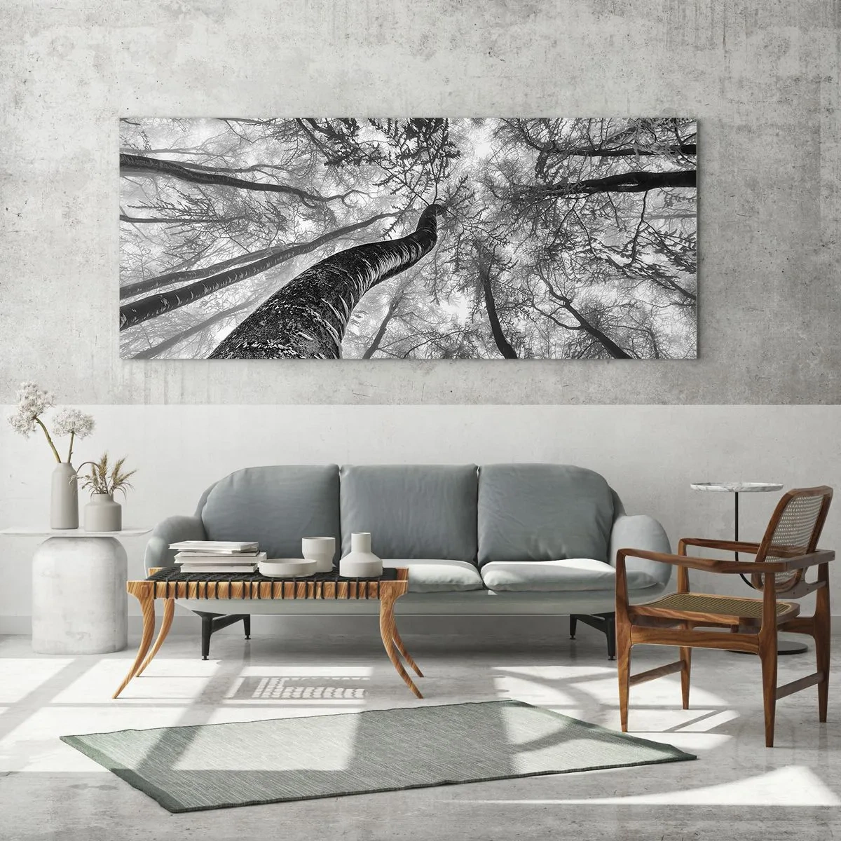 Impression sur verre - Image sur verre - Perspective d'arbres dans une forêt vue d'en bas en nuances de gris - 120x50cm - Course vers la lumière - Décoration murale moderne pour le salon et la chambre ARTTOR
