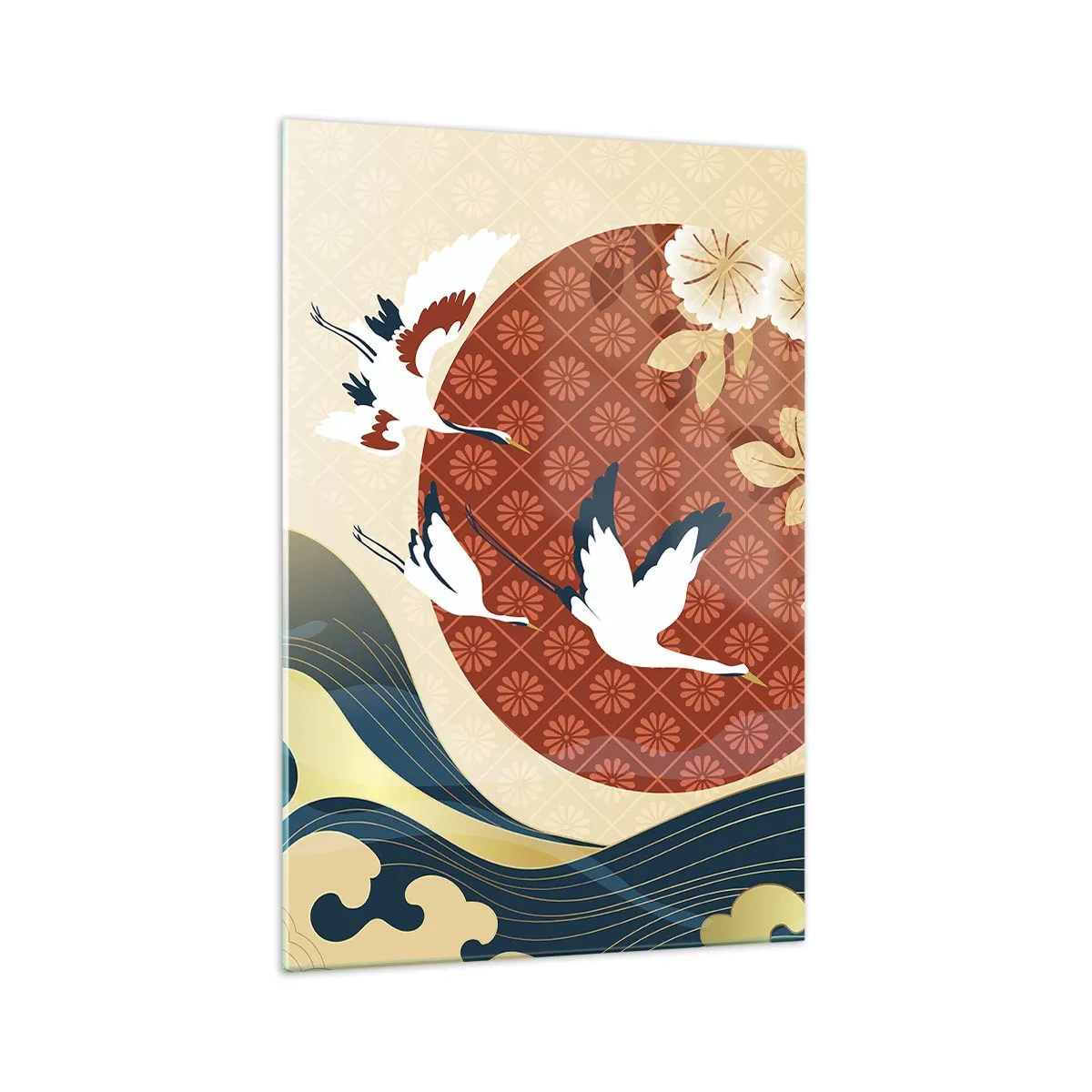 Impression sur verre - Image sur verre - Composition japonaise avec des grues et des vagues - 70x100cm - Conte japonnais - Décoration murale moderne pour le salon et la chambre ARTTOR