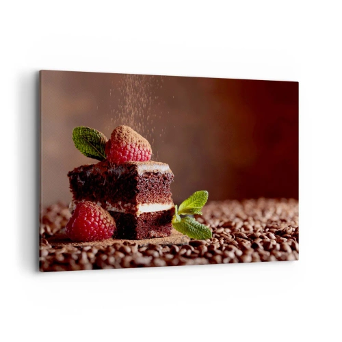 Impression sur toile - Image sur toile - Gâteau au chocolat aux framboises et à la menthe sur fond de fèves de cacao - 100x70cm - La vie est douce - Décoration murale moderne pour le salon et la chambre ARTTOR