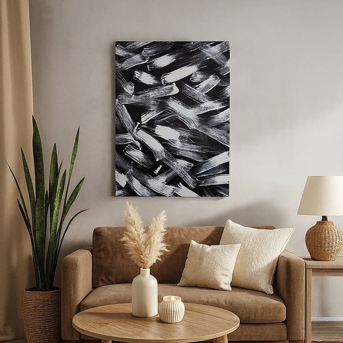 Impression sur toile - Image sur toile - Abstraction dynamique avec des coups de pinceau blancs sur fond noir. - 50x70cm - L'abstraction dans l'esprit industriel - Décoration murale moderne pour le salon et la chambre ARTTOR