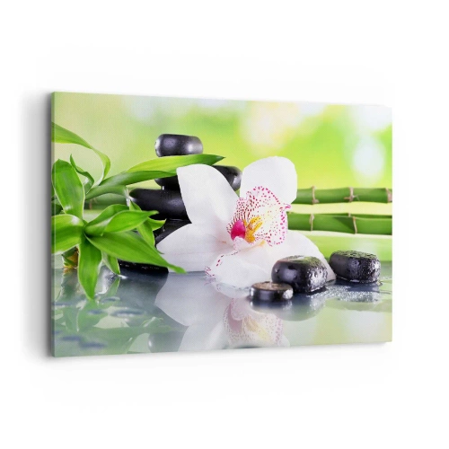 Impression sur toile - Image sur toile - Orchidée, pierres et bambou dans une composition spa harmonieuse - 100x70cm - Raffraîchissement de fraîcheur - Décoration murale moderne pour le salon et la chambre ARTTOR