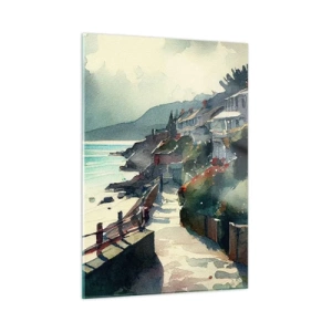Impression sur verre - Image sur verre - Une promenade en bord de mer avec des maisons colorées et de l'eau - 50x70cm - Ville méditerranéenne - Décoration murale moderne pour le salon et la chambre ARTTOR