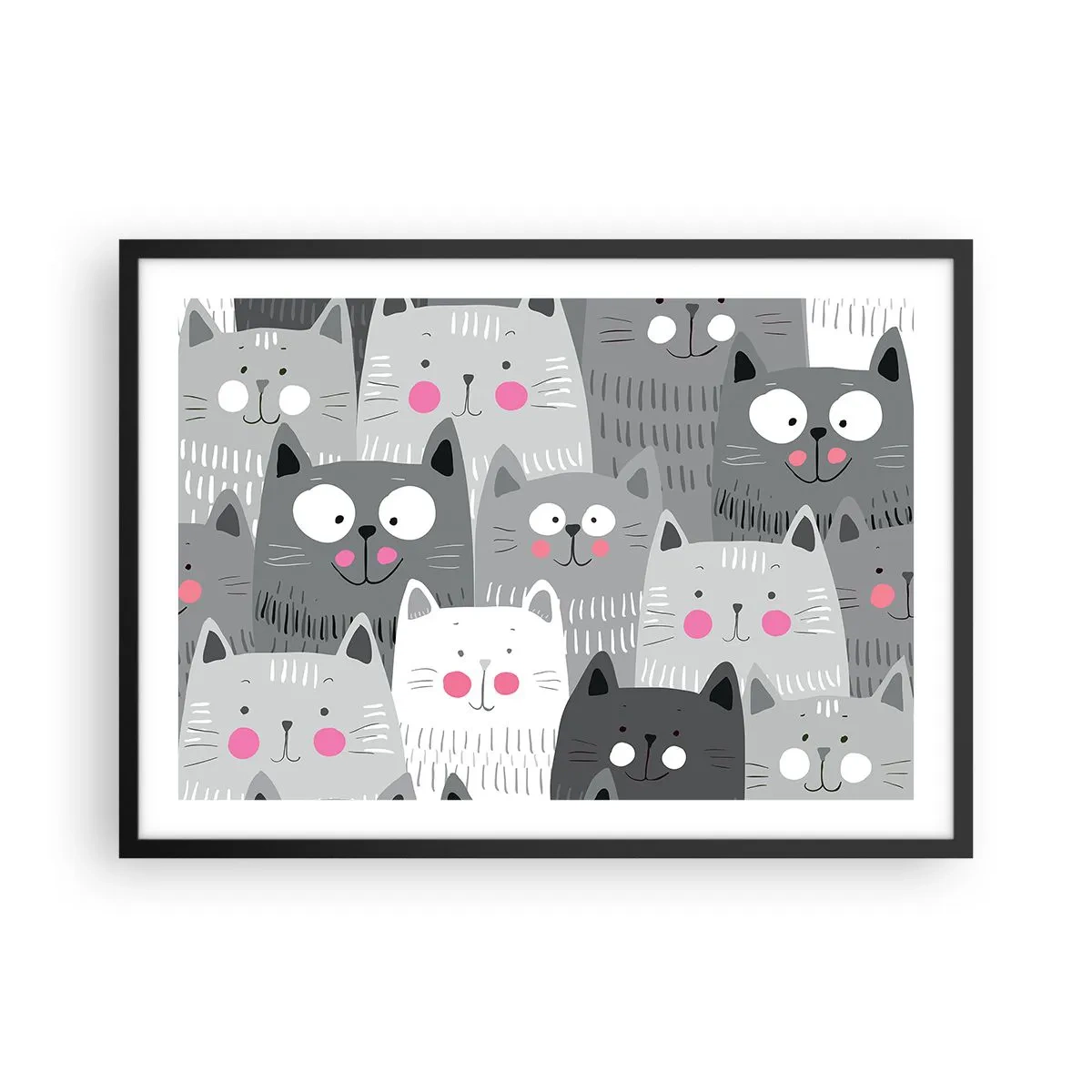 Affiche dans un cadre noir - Poster - Un motif amusant avec des chats dans des tons de gris - 70x50cm - Le monde des chats - Décoration murale moderne pour le salon et la chambre ARTTOR
