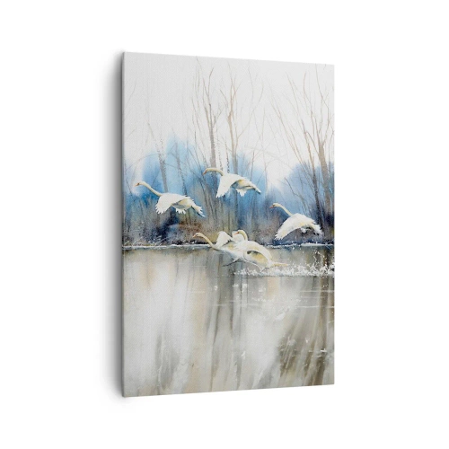 Impression sur toile - Image sur toile - Cygnes en vol au-dessus d'un lac gelé dans un paysage hivernal - 70x100cm - Comme dans un conte de fées sur les cygnes sauvages - Décoration murale moderne pour le salon et la chambre ARTTOR