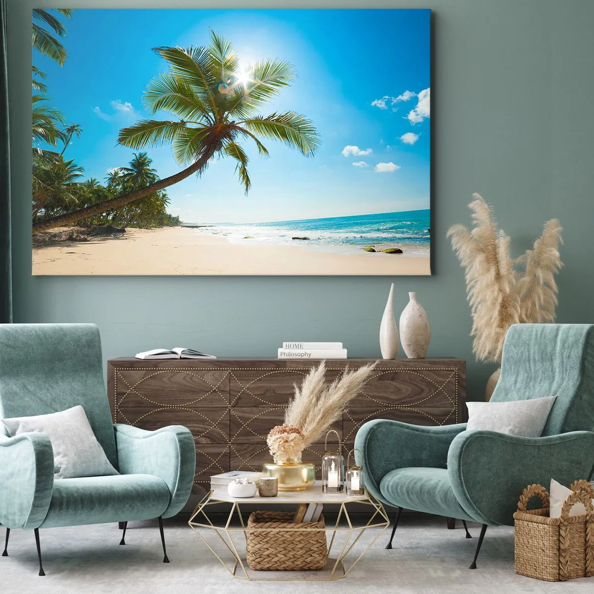 Impression sur toile - Image sur toile - Une plage avec des palmiers dans un paysage tropical - 70x50cm - Ne rien montrer à personne - Décoration murale moderne pour le salon et la chambre ARTTOR