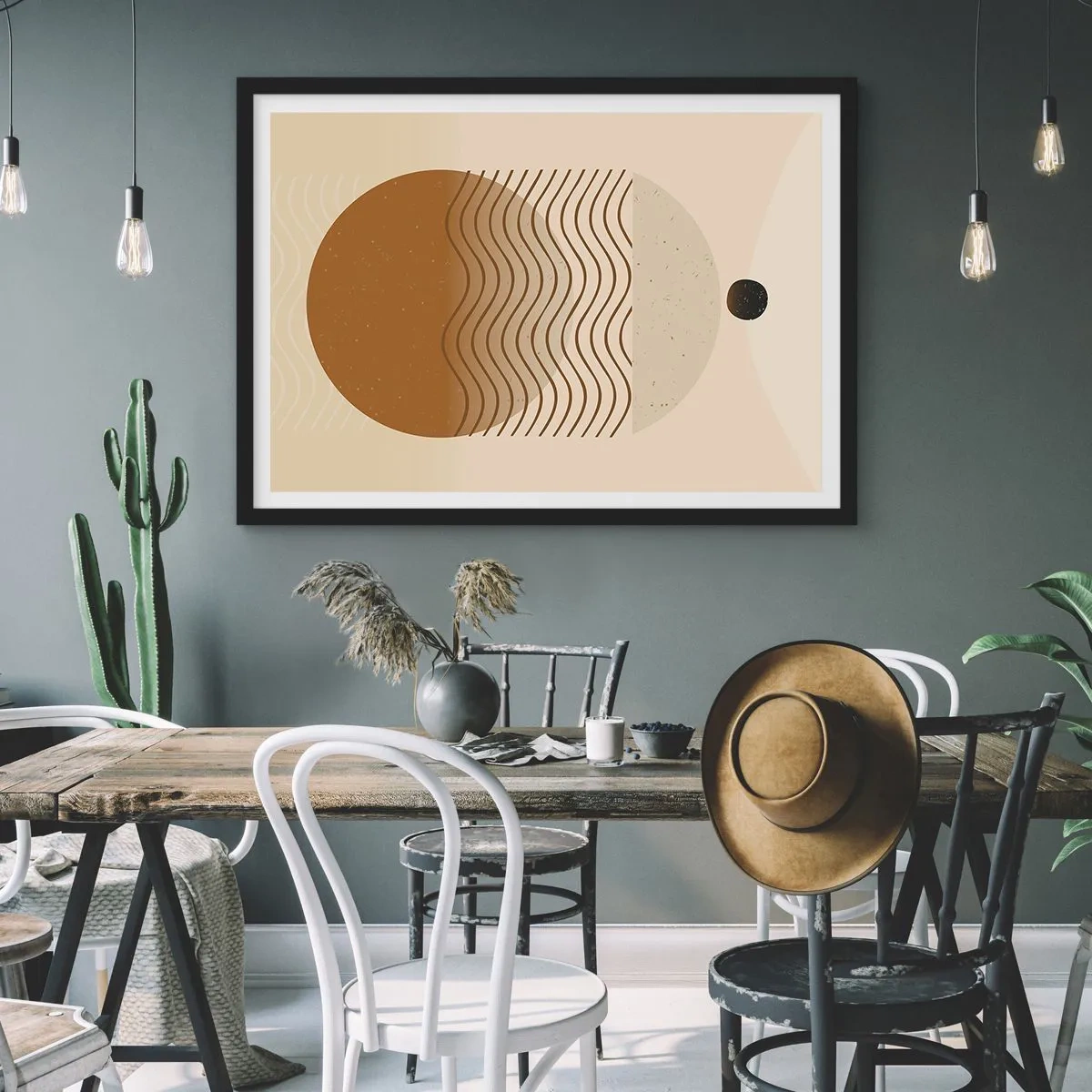 Affiche dans un cadre noir - Poster - Abstraction géométrique avec des cercles et des lignes ondulées aux couleurs chaudes. - 70x50cm - Sur l'origine des figures géométriques - Décoration murale moderne pour le salon et la chambre ARTTOR