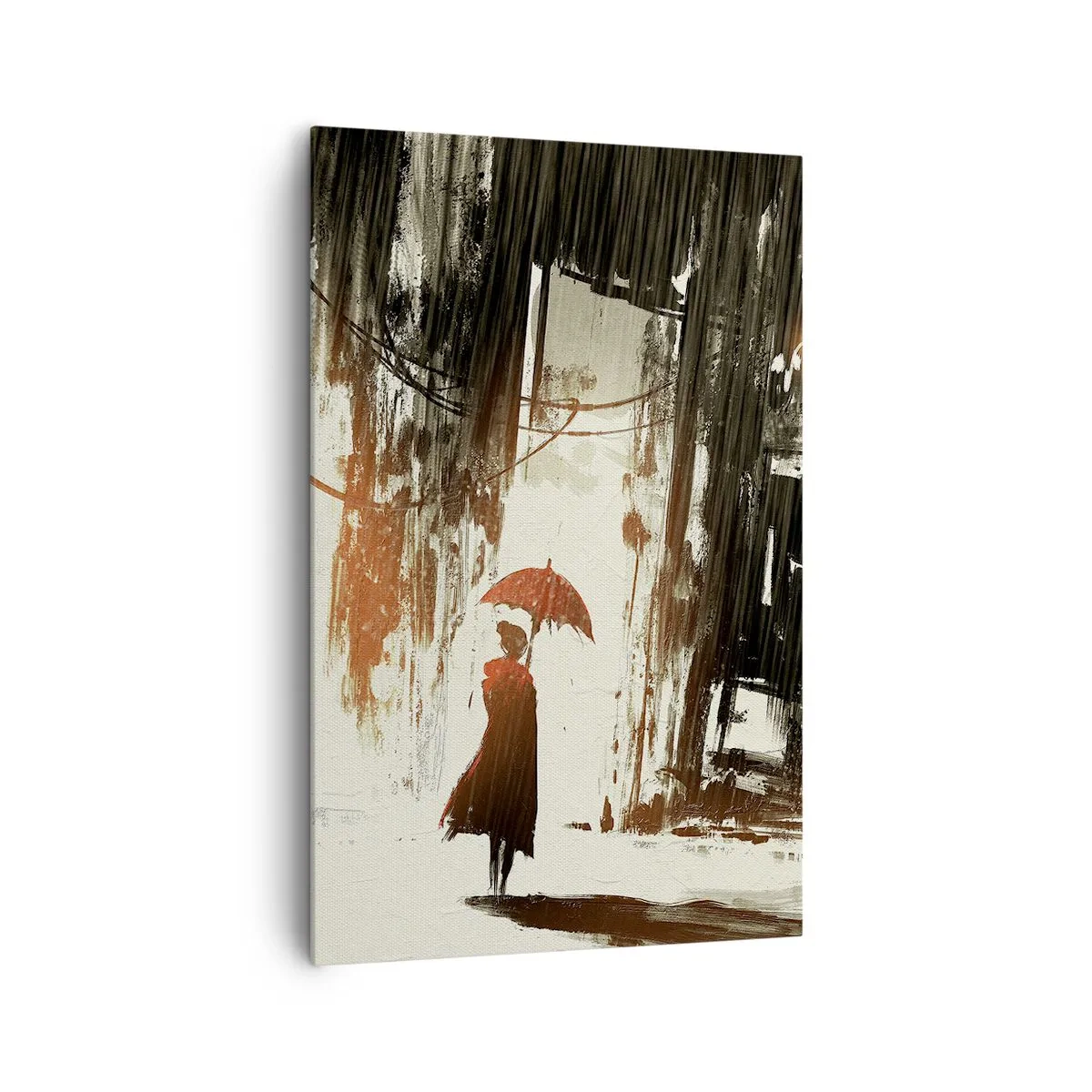 Impression sur toile - Image sur toile - Une figure rouge avec un parapluie dans une scène pluvieuse - 80x120cm - La poésie du parapluie rouge - Décoration murale moderne pour le salon et la chambre ARTTOR
