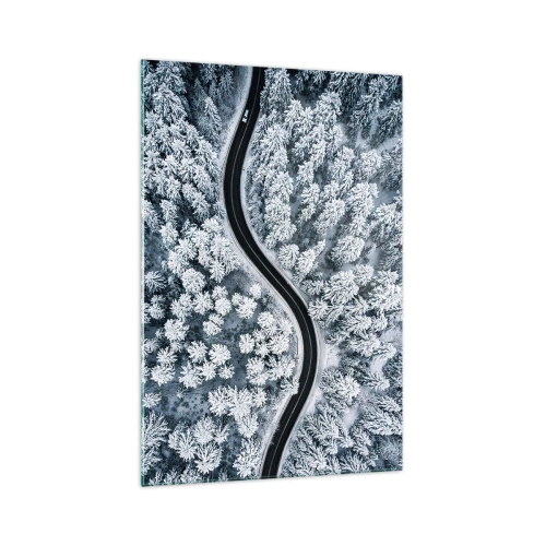 Impression sur verre - Image sur verre - Vue aérienne d'une route sinueuse dans une forêt hivernale - 70x100cm - À travers une forêt d'hiver - Décoration murale moderne pour le salon et la chambre ARTTOR