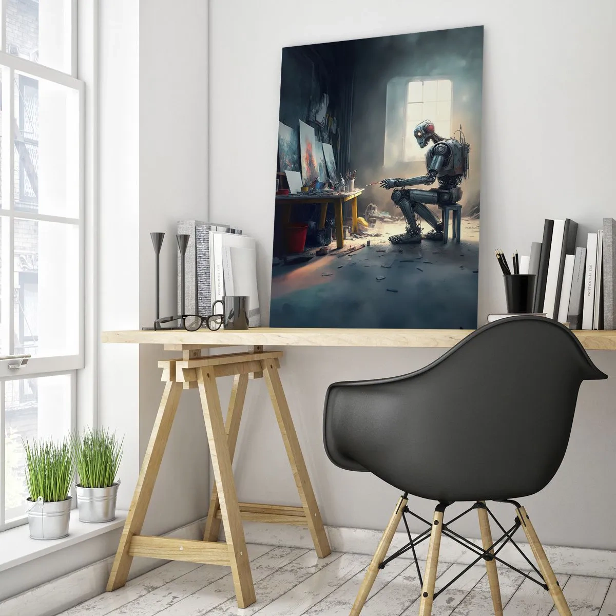 Impression sur verre - Image sur verre - Un robot peignant des tableaux dans un atelier d'art - 50x70cm - L'acte de création - Décoration murale moderne pour le salon et la chambre ARTTOR