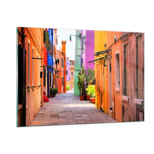 Impression sur verre - Image sur verre - Une rue colorée avec des immeubles aux tons chauds - 120x80cm - Allée arc-en-ciel - Décoration murale moderne pour le salon et la chambre ARTTOR