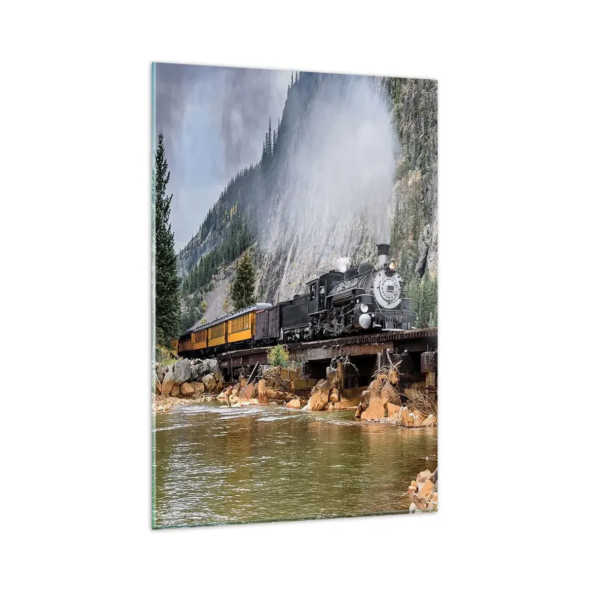 Impression sur verre - Image sur verre - Une locomotive à vapeur sur un pont dans un paysage de montagne pittoresque - 80x120cm - Et lui jusqu'où? Jusqu'où? - Décoration murale moderne pour le salon et la chambre ARTTOR