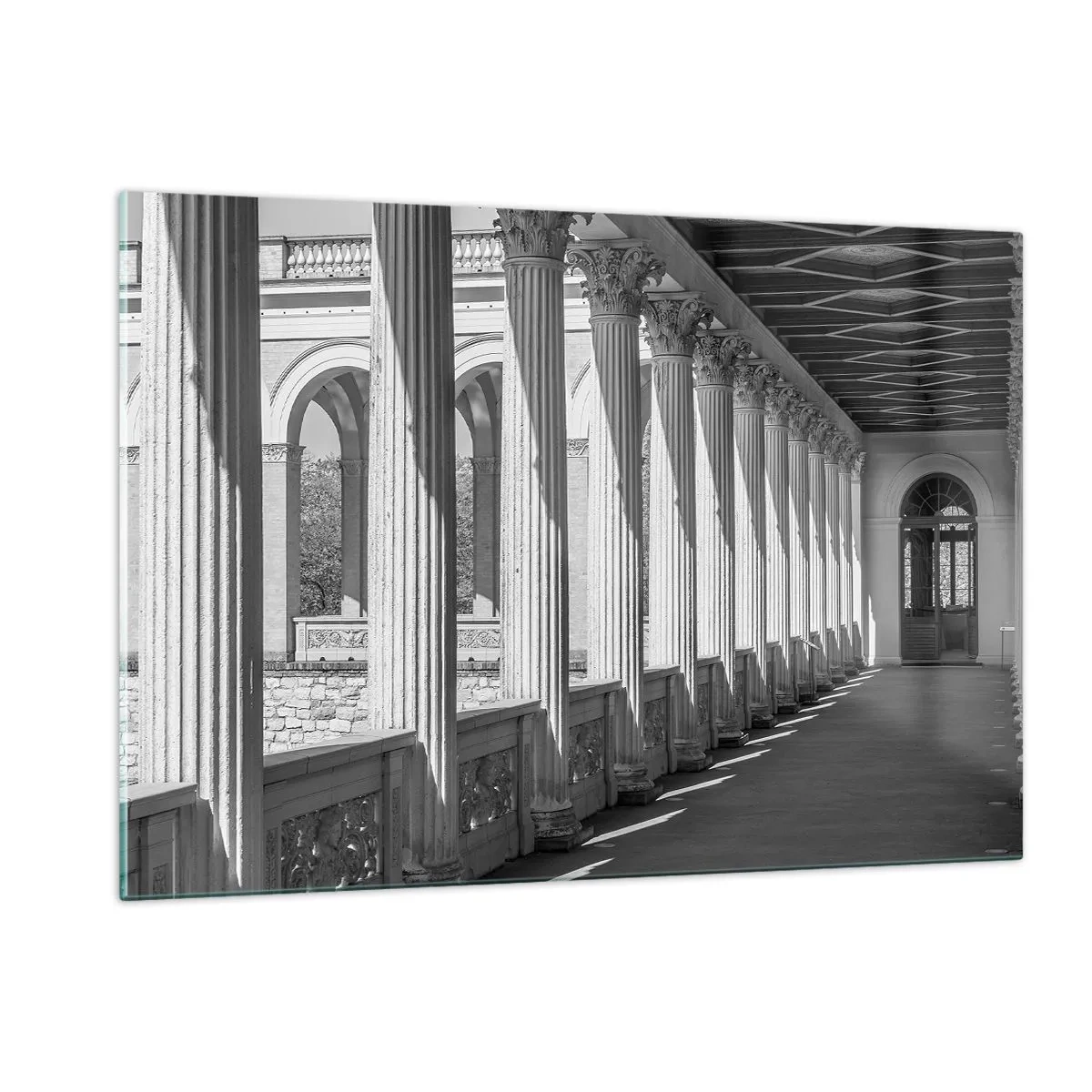 Impression sur verre - Image sur verre - Une colonnade en noir et blanc avec un jeu rythmique d'ombre et de lumière - 120x80cm - Arcade ensoleillée - Décoration murale moderne pour le salon et la chambre ARTTOR