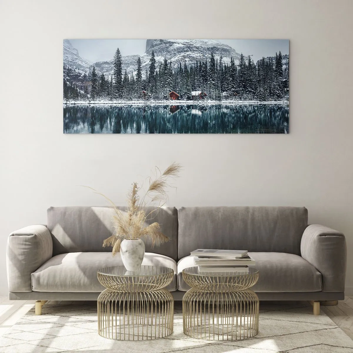 Impression sur verre - Image sur verre - Paysage d'hiver avec des chalets dans la forêt au bord d'un lac gelé - 160x50cm - Retraite canadienne - Décoration murale moderne pour le salon et la chambre ARTTOR