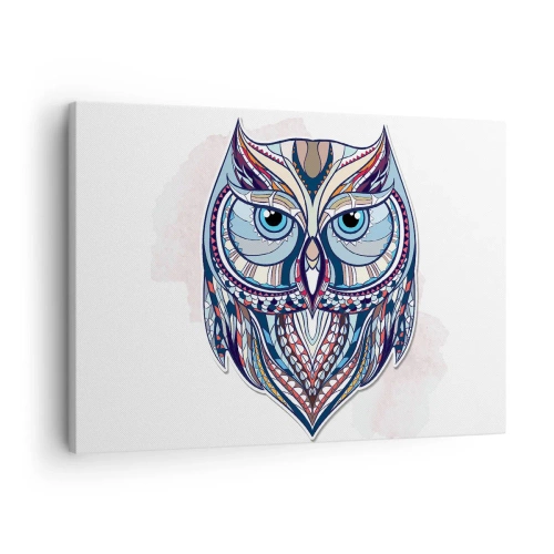 Impression sur toile - Image sur toile - Chouette géométrique dans les tons bleu et beige - 70x50cm - Chouette ornementale élaborée - Décoration murale moderne pour le salon et la chambre ARTTOR