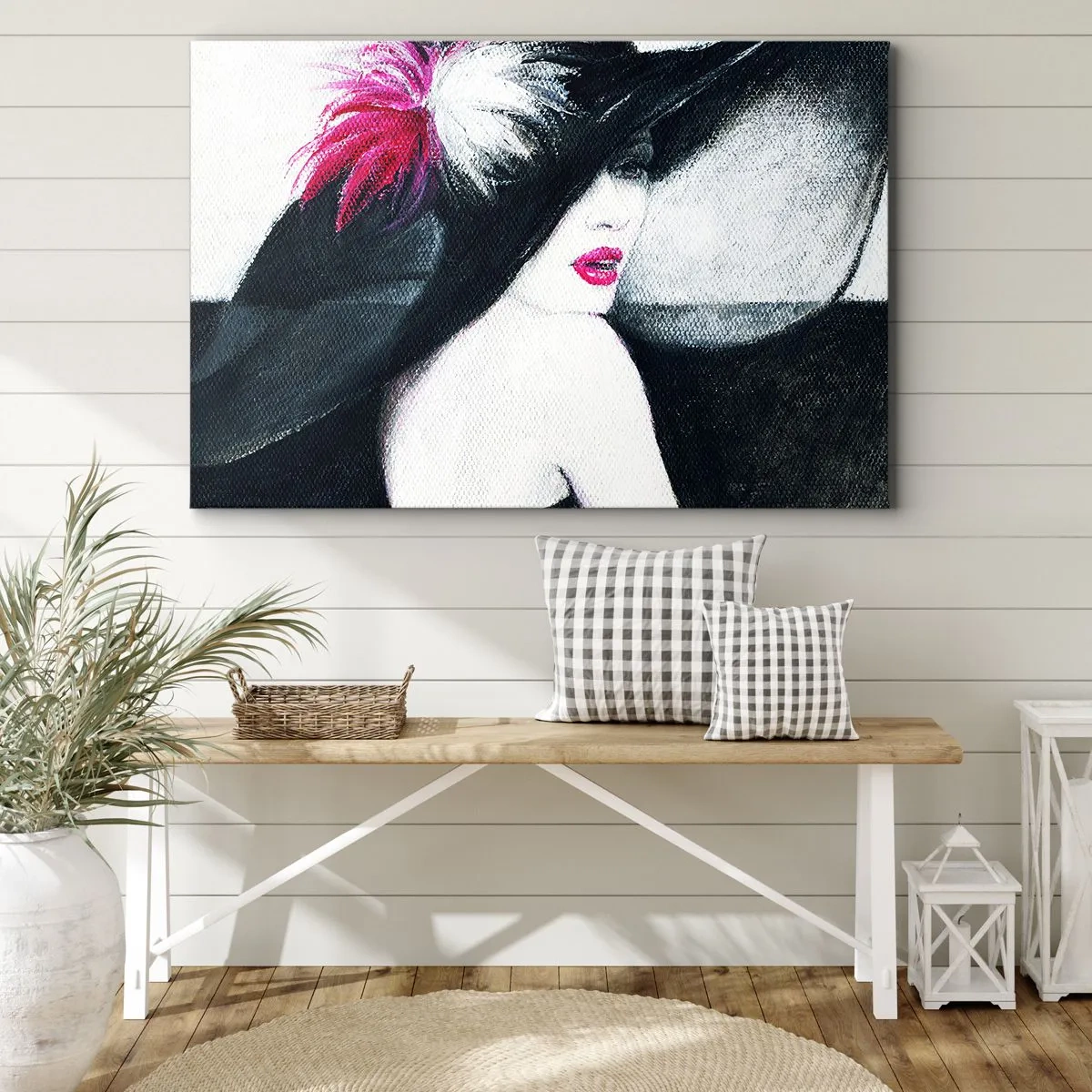 Impression sur toile - Image sur toile - Femme élégante avec un chapeau à plumes - 120x80cm - Toujours un secret - Décoration murale moderne pour le salon et la chambre ARTTOR