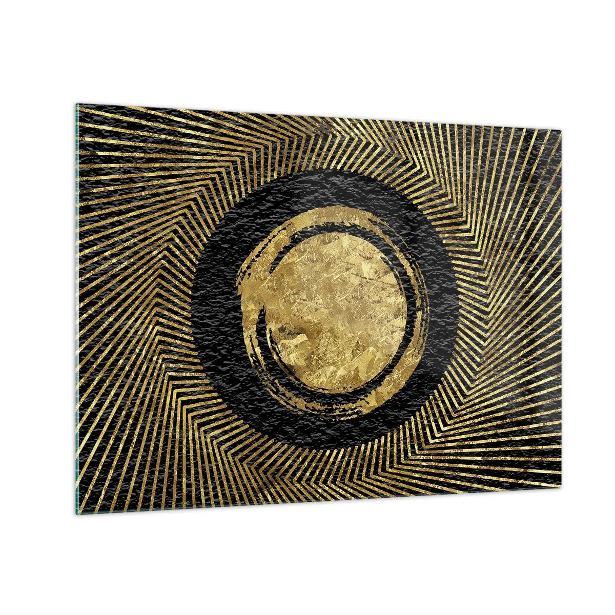 Impression sur verre - Image sur verre - Cercle doré avec des rayons sur fond noir dans un style glamour - 70x50cm - Composition glamour - Décoration murale moderne pour le salon et la chambre ARTTOR