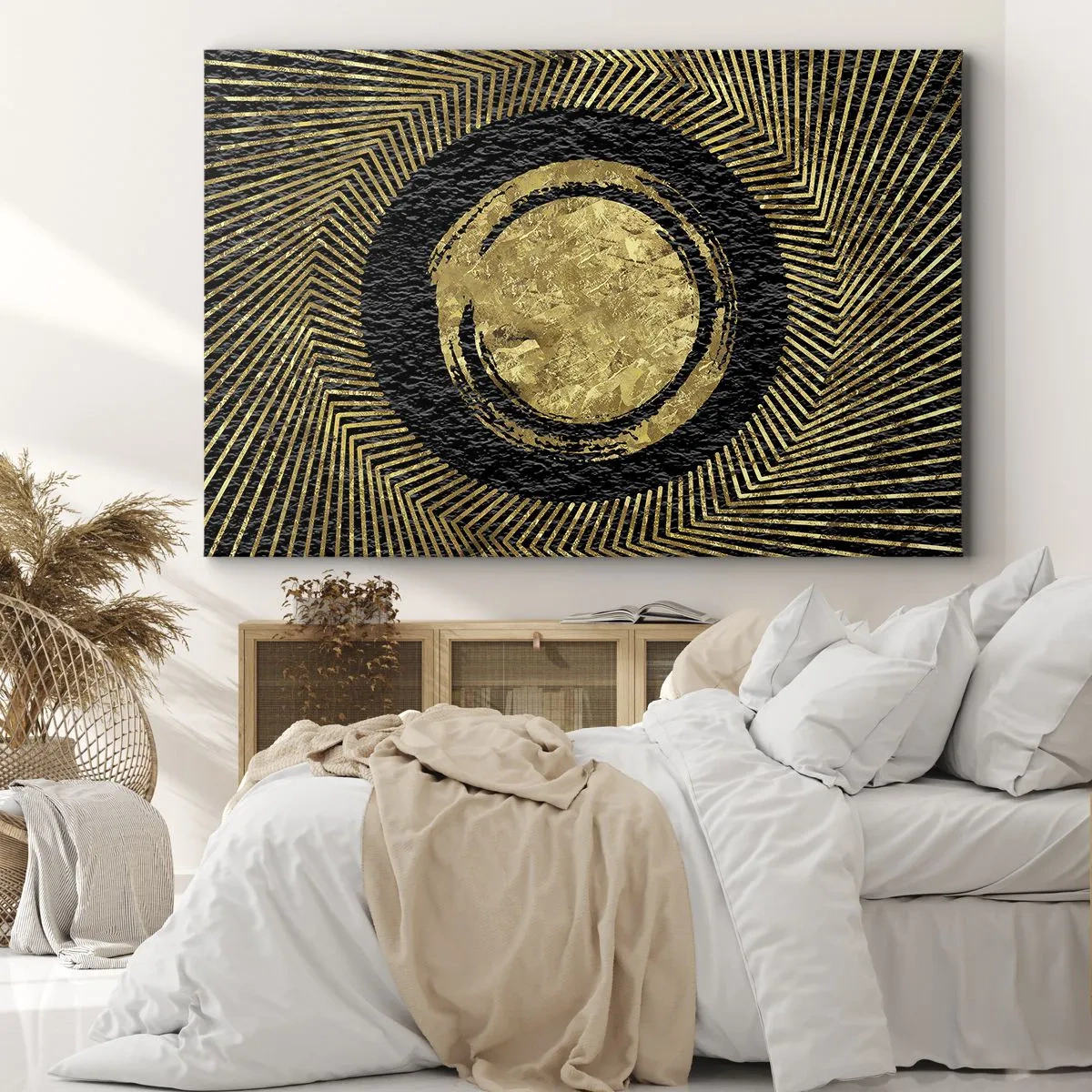 Impression sur toile - Image sur toile - Composition géométrique en noir et or avec des rayons - 70x50cm - Composition glamour - Décoration murale moderne pour le salon et la chambre ARTTOR