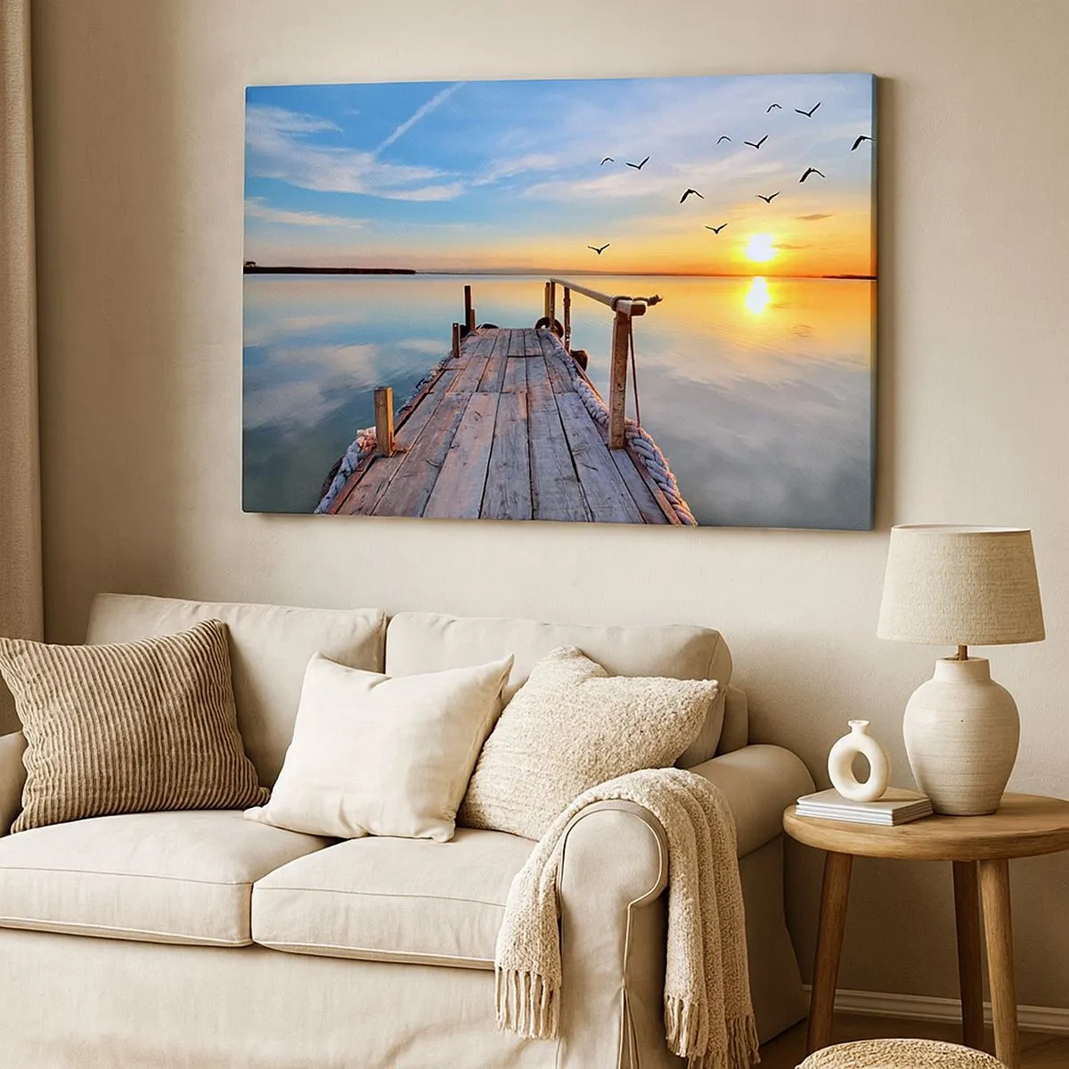 Impression sur toile - Image sur toile - Jetée en bois au coucher du soleil sur un lac calme - 70x50cm - Marcher droit vers le soleil - Décoration murale moderne pour le salon et la chambre ARTTOR