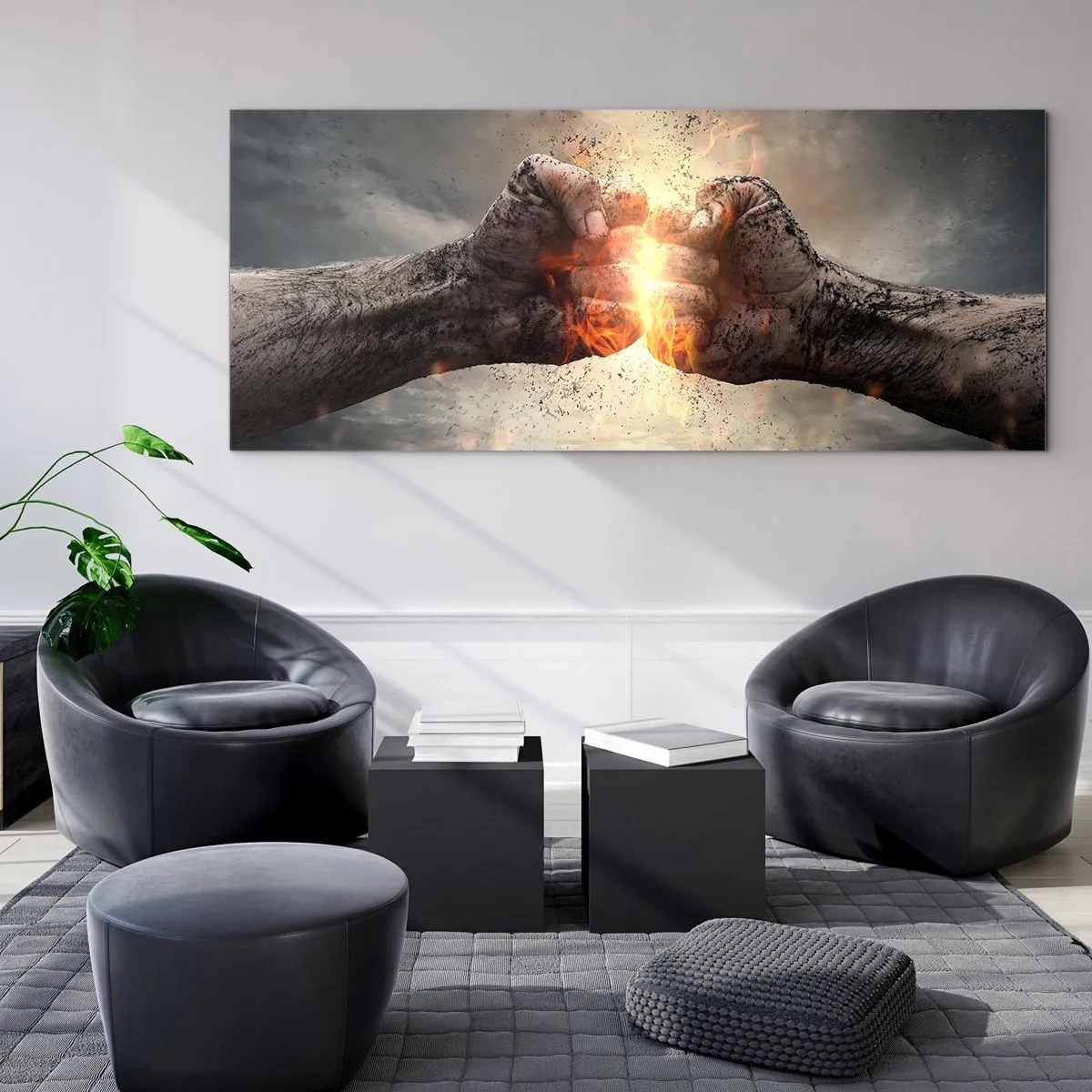 Impression sur verre - Image sur verre - Poings serrés dans une scène d'incendie dynamique - 140x50cm - Lève-toi pour le combat - Décoration murale moderne pour le salon et la chambre ARTTOR