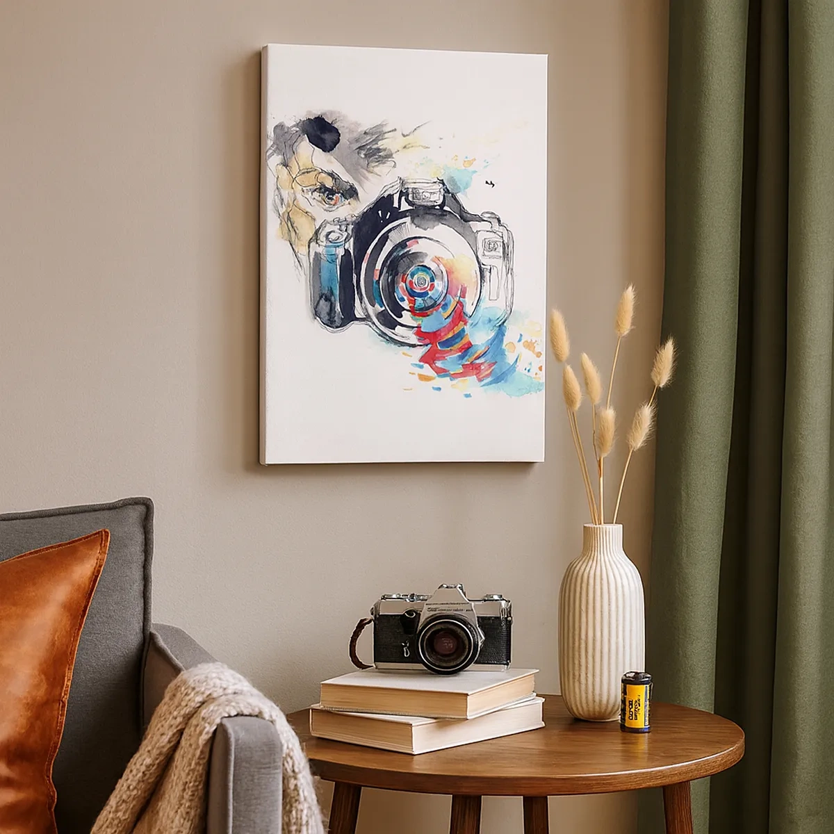 Impression sur toile - Image sur toile - Appareil photo aquarelle avec des détails colorés - 50x70cm - Dans l'oeil de l'objectif - Décoration murale moderne pour le salon et la chambre ARTTOR