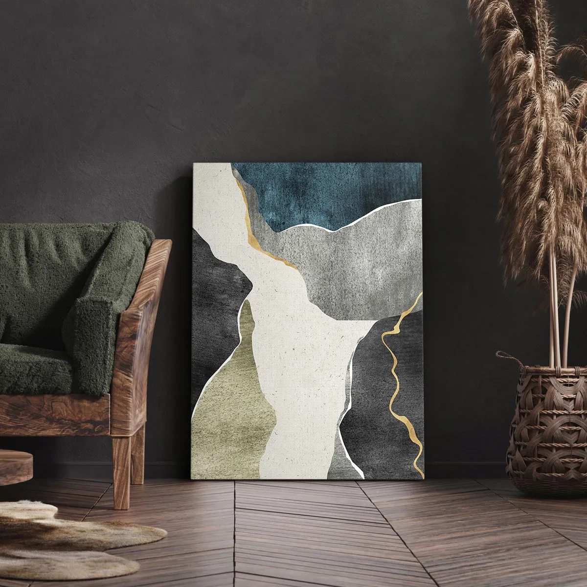 Impression sur toile - Image sur toile - Formes géométriques dans les tons de gris, vert et or - 70x100cm - Composition mosaïque avec un fil d'or - Décoration murale moderne pour le salon et la chambre ARTTOR