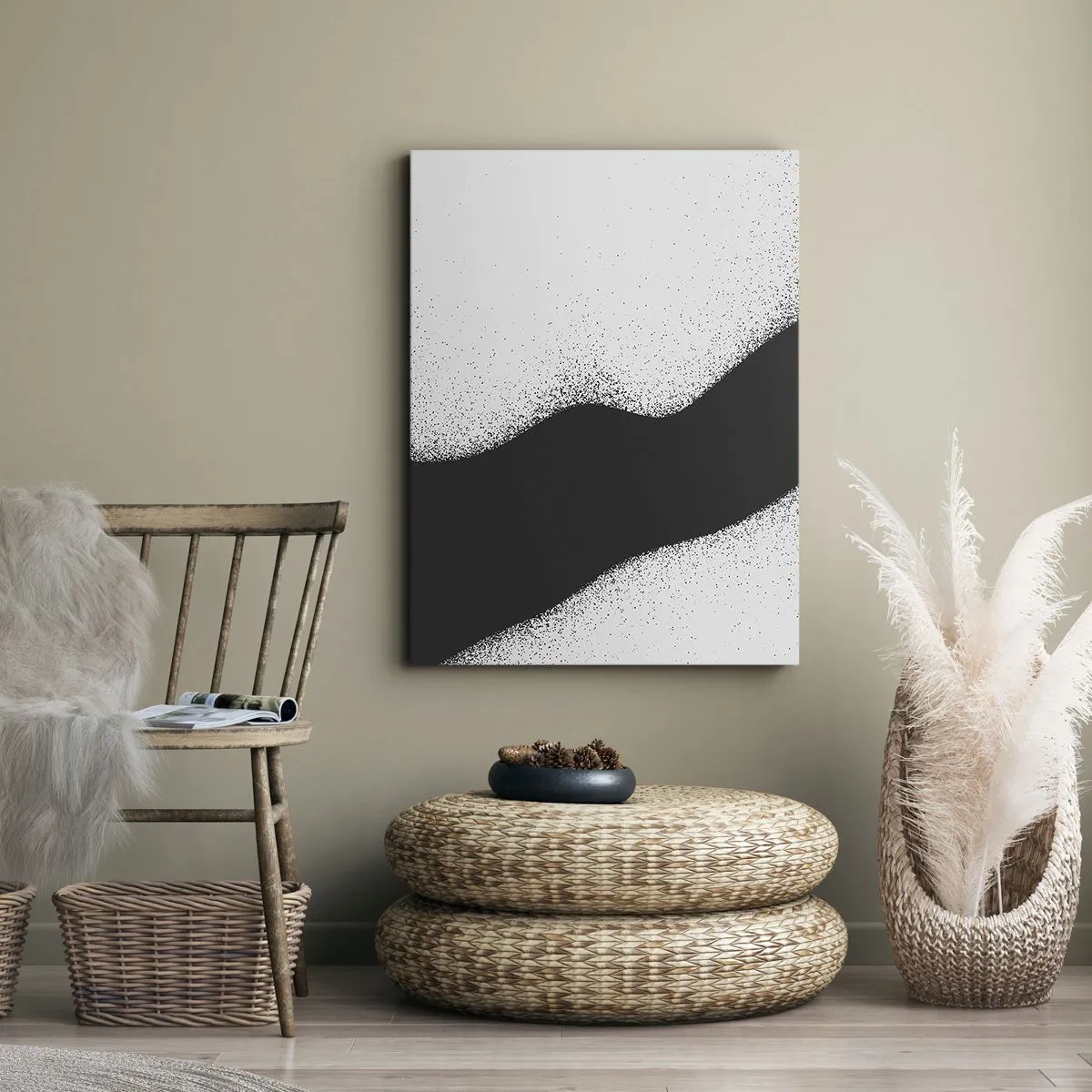Impression sur toile - Image sur toile - Motif abstrait noir et blanc avec des points délicats sur toile - 50x70cm - Équilibre fluide - Décoration murale moderne pour le salon et la chambre ARTTOR