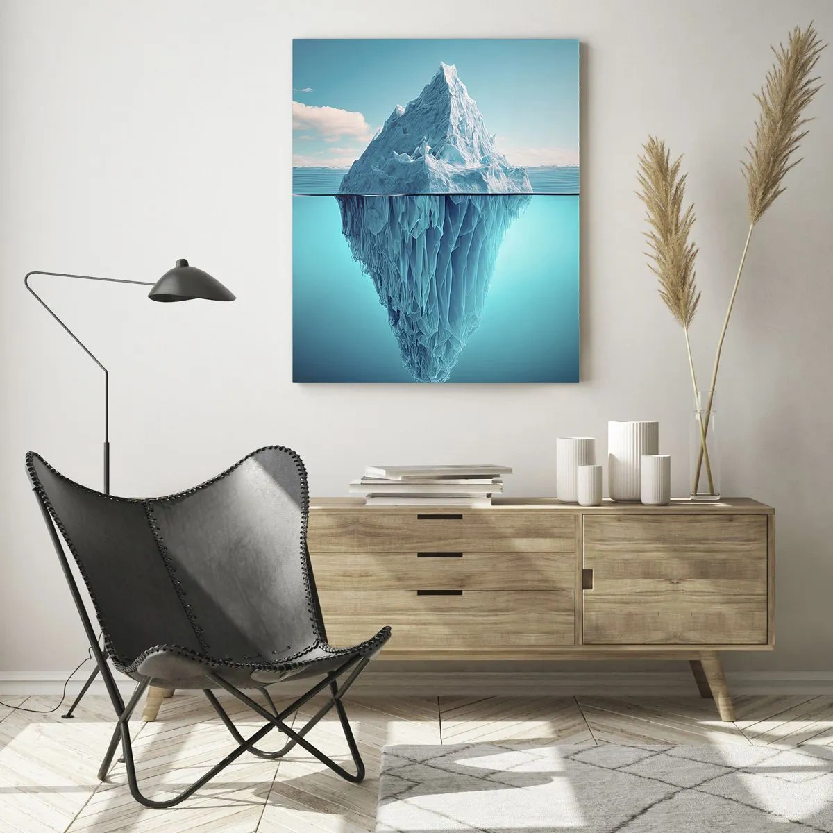 Impression sur verre - Image sur verre - Un iceberg visible au-dessus et au-dessous de la surface de l'eau - 80x120cm - Reine de Glace - Décoration murale moderne pour le salon et la chambre ARTTOR