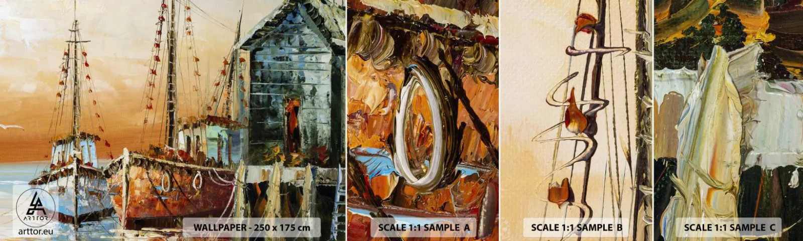 Échantillon de Papier Peint Autocollant Deluxe Sticker - Retour tranquille - Bateau de pêche, Port de pêche, Morceau - 100x30 cm