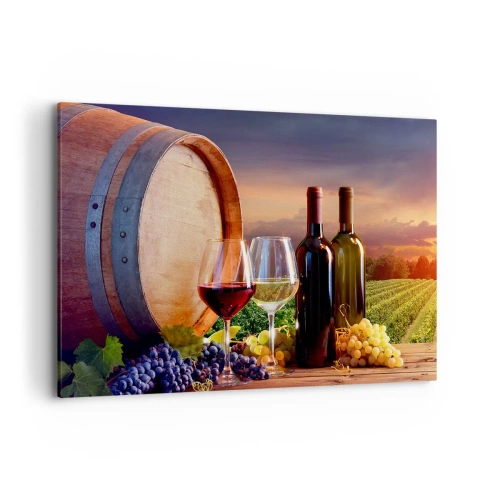 Impression sur toile - Image sur toile - Du vin, des verres et un tonneau dans un paysage pittoresque - 120x80cm - Ici la vie a du goût - Décoration murale moderne pour le salon et la chambre ARTTOR