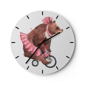 Horloge murale - Pendule murale - Un ours en jupe rose sur un monocycle - 30x30cm - Quel cirque ! - Décoration murale moderne pour le salon, la cuisine et la chambre ARTTOR