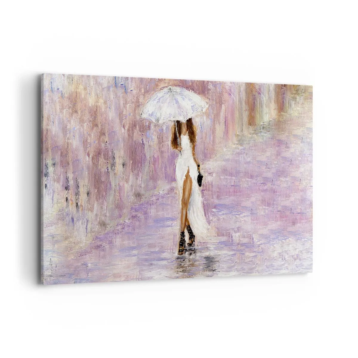 Impression sur toile - Image sur toile - Une femme avec un parapluie marchant sous la pluie dans des tons lilas - 120x80cm - Sous la pluie lilas - Décoration murale moderne pour le salon et la chambre ARTTOR