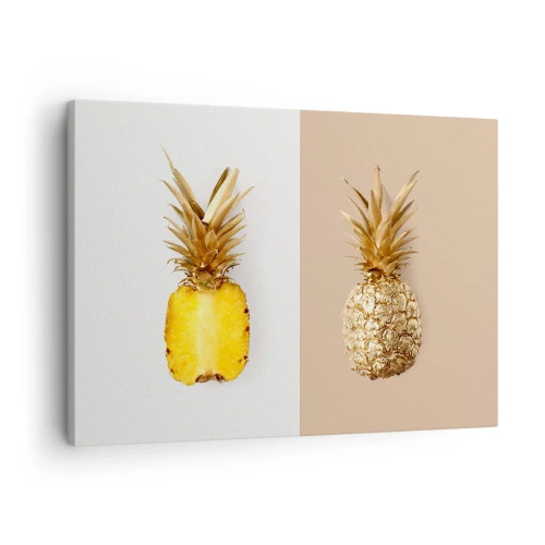 Impression sur toile - Image sur toile - La moitié d'un ananas frais et doré sur un fond contrasté - 70x50cm - Ananas pour nous - Décoration murale moderne pour le salon et la chambre ARTTOR