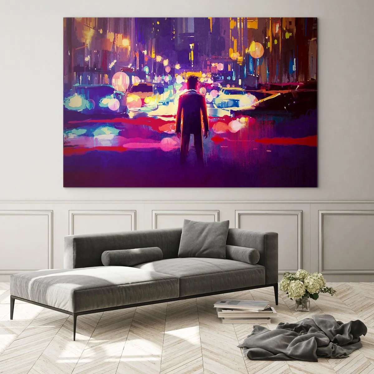 Impression sur verre - Image sur verre - Une silhouette dans une veilleuse urbaine colorée et futuriste - 70x50cm - Immergé dans la lumière - Décoration murale moderne pour le salon et la chambre ARTTOR