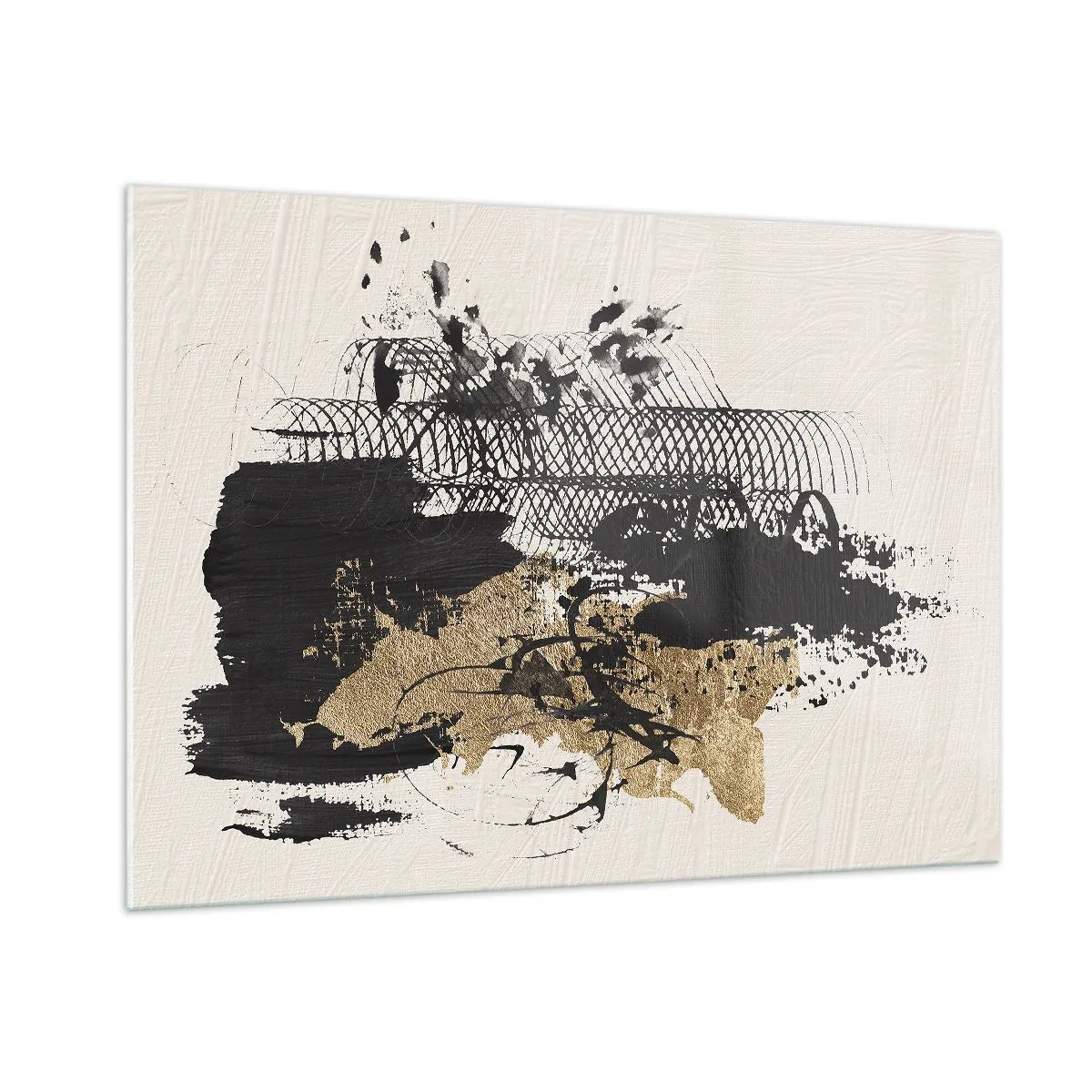 Impression sur verre - Image sur verre - Composition abstraite en noir et or sur fond clair - 100x70cm - Composer avec passion - Décoration murale moderne pour le salon et la chambre ARTTOR