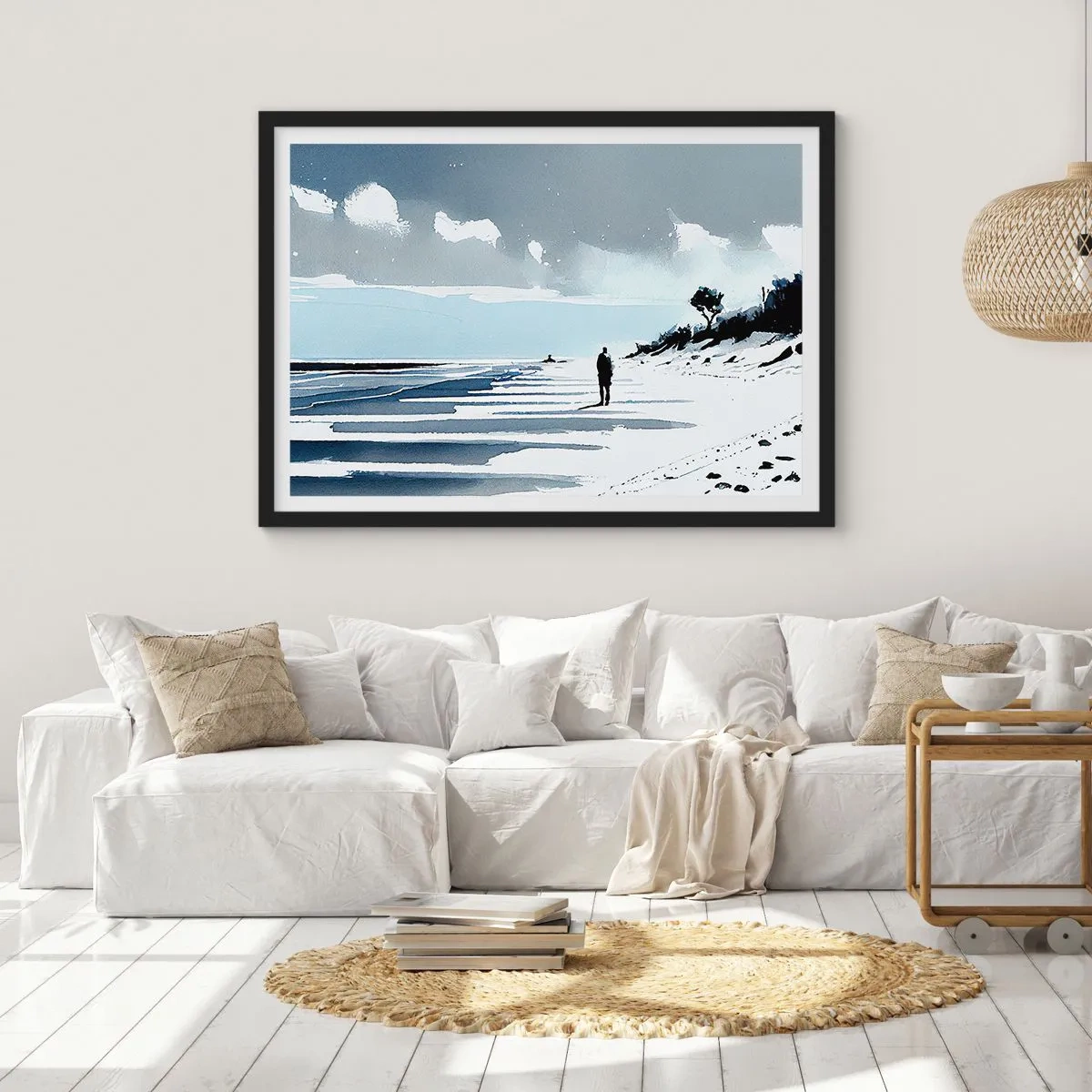 Affiche dans un cadre noir - Poster - Une silhouette solitaire marchant sur une plage déserte - 70x50cm - Seul à seul - Décoration murale moderne pour le salon et la chambre ARTTOR