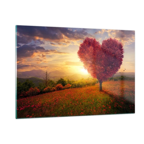 Impression sur verre - Image sur verre - Un arbre en forme de cœur dans un champ au coucher du soleil - 120x80cm - Touche le cœur - Décoration murale moderne pour le salon et la chambre ARTTOR
