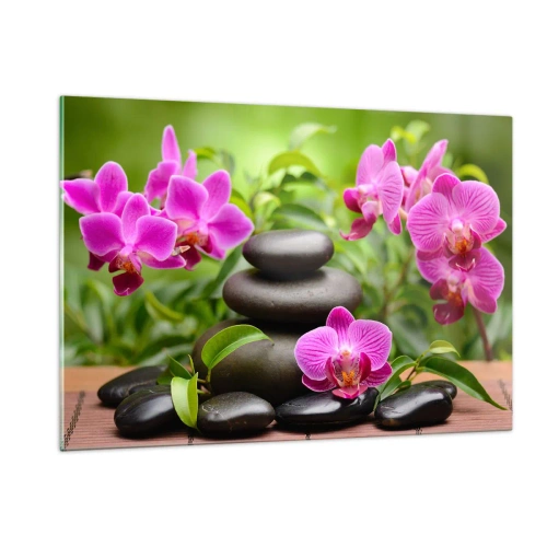 Impression sur verre - Image sur verre - Orchidées roses et pierres noires dans un cadre tranquille - 120x80cm - Pyramide de la Paix - Décoration murale moderne pour le salon et la chambre ARTTOR