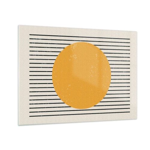 Impression sur verre - Image sur verre - Un cercle orange sur un fond de lignes noires horizontales sur fond beige. - 70x50cm - Le pouvoir de la simplicité - Décoration murale moderne pour le salon et la chambre ARTTOR