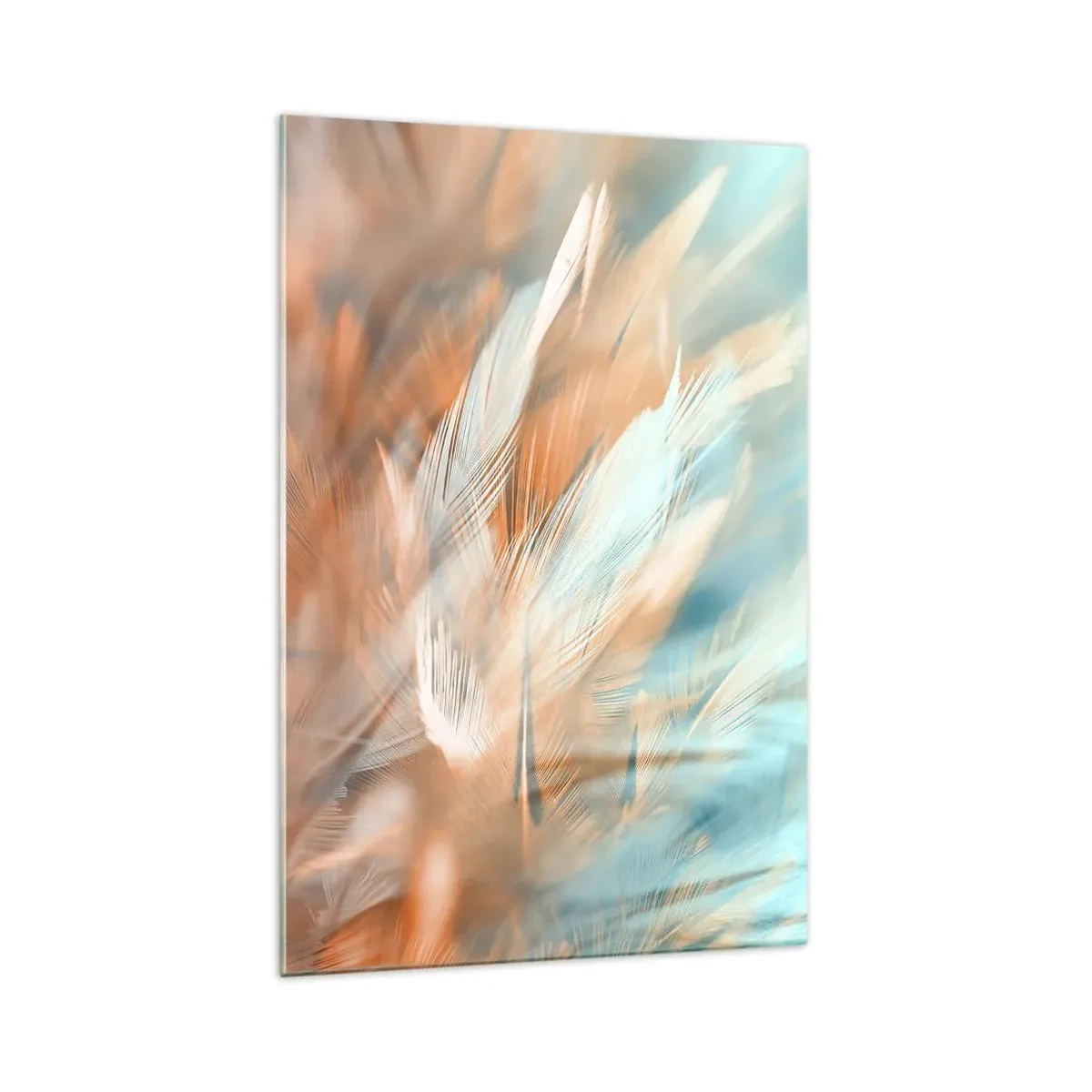 Impression sur verre - Image sur verre - Plumes délicates dans des tons pastel de bleu et d'orange - 70x100cm - Au pays de la douceur - Décoration murale moderne pour le salon et la chambre ARTTOR