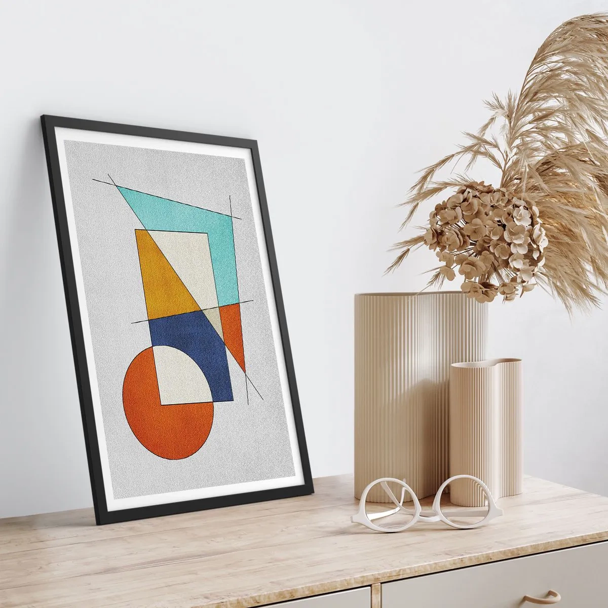 Affiche dans un cadre noir - Poster - Abstraction géométrique avec des figures et des lignes colorées - 50x70cm - Abstraction : plaisir moderniste - Décoration murale moderne pour le salon et la chambre ARTTOR