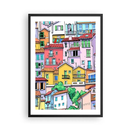 Affiche dans un cadre noir - Poster - Maisons colorées dans un style illustratif - 50x70cm - Ville joyeuse - Décoration murale moderne pour le salon et la chambre ARTTOR